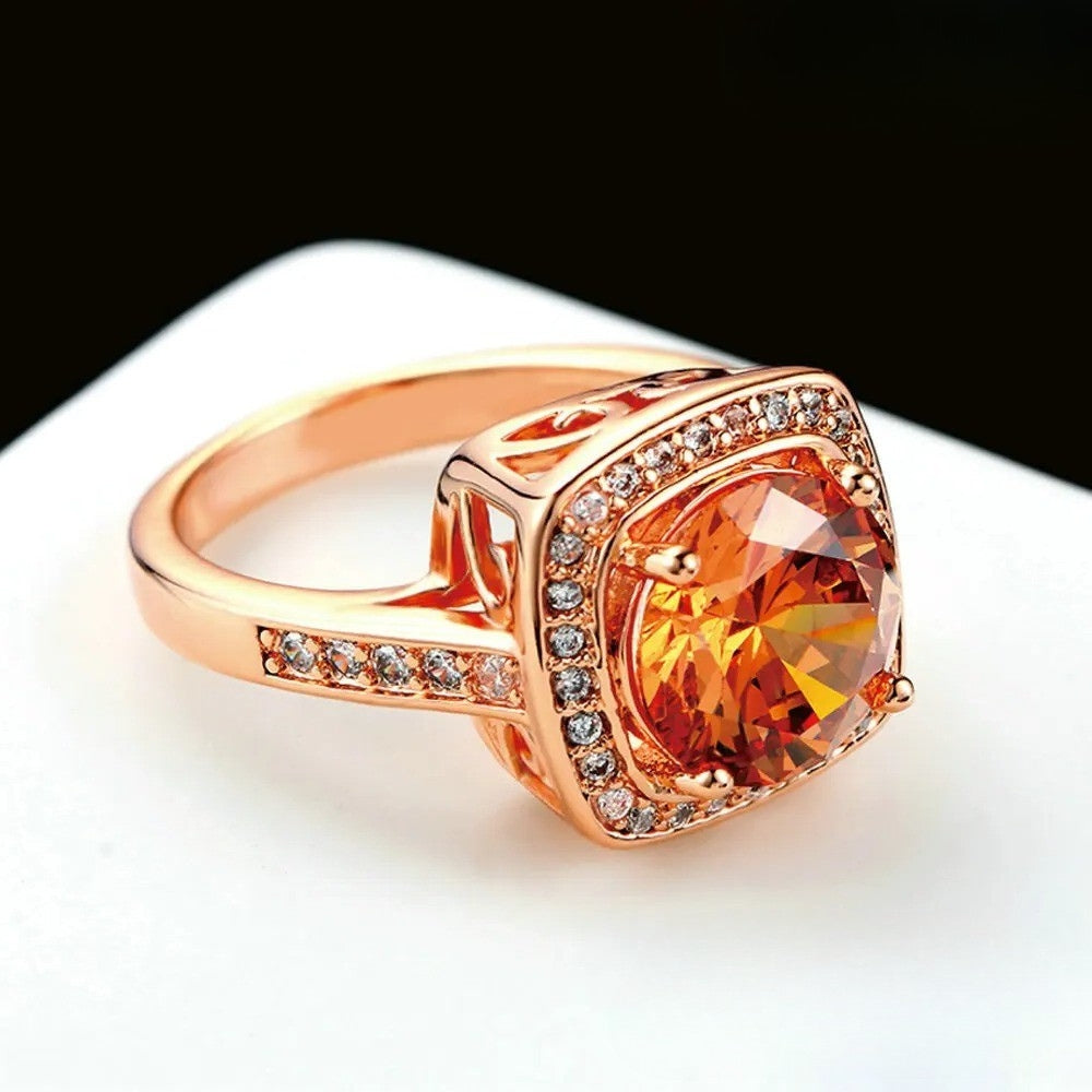 Rose Gold Crystal Center Stone & Sparkling Halo Ring-Mialla Jewelry