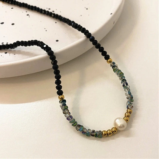 Gold & Pearl Black Bead Necklace-Mialla Jewelry