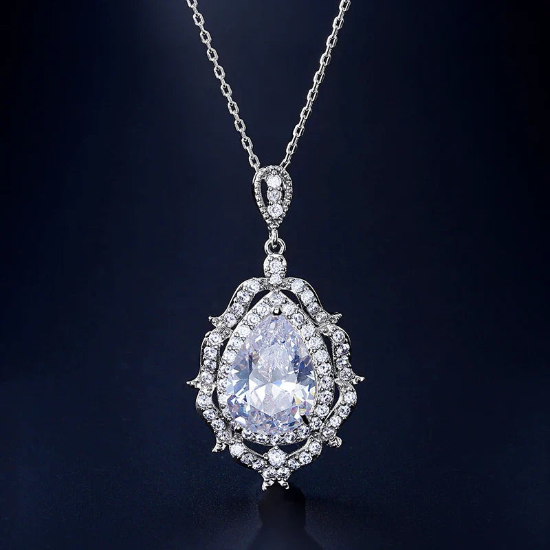 Vintage Silver Teardrop Crystal Necklace-Mialla Jewelry