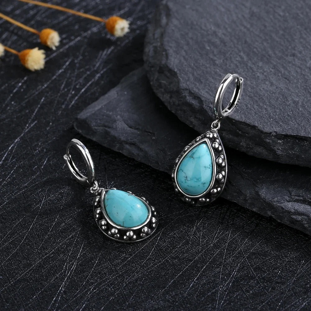Vintage Silver Turquoise Teardrop Earrings-Mialla Jewelry
