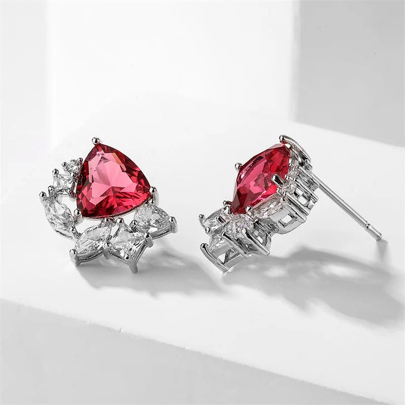 Vintage Silver Red Crystal Stud Earrings-Mialla Jewelry