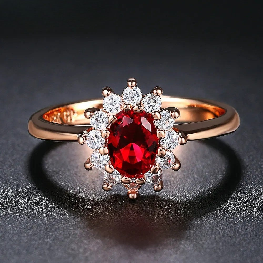 Vintage Rose Gold Red Oval Center Ring-Mialla Jewelry