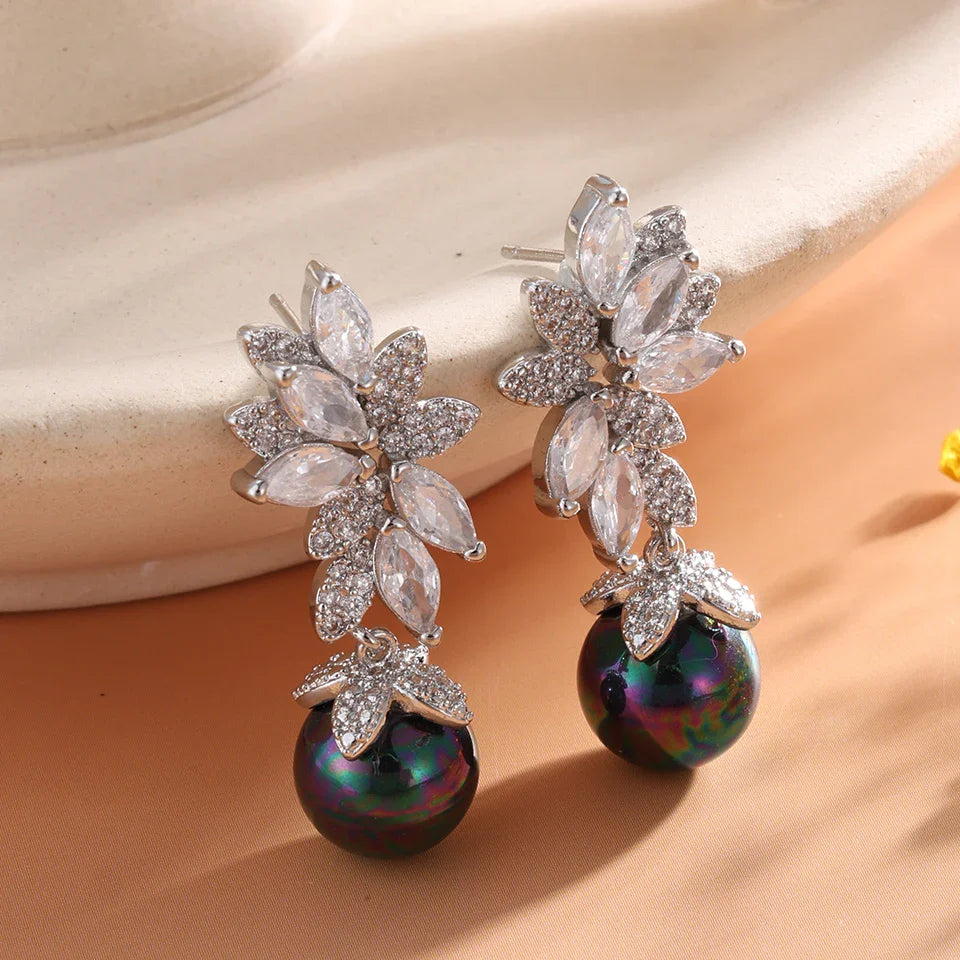 Silver Vintage Crystal & Dark Pearl Earrings-Mialla Jewelry
