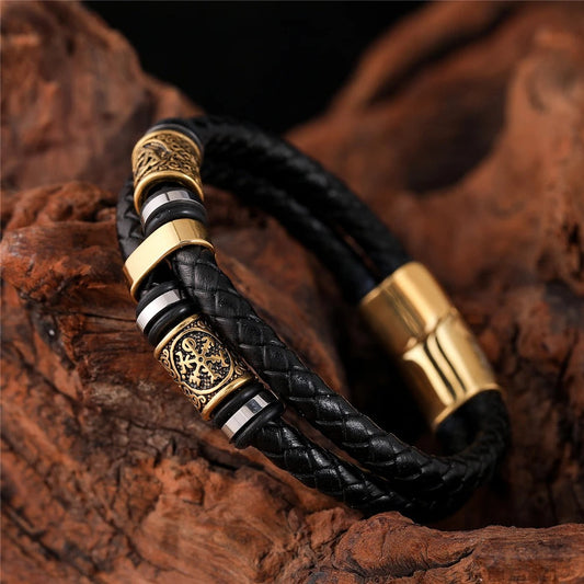 Black Woven Leather & Gold Charm Bracelet-Mialla Jewelry