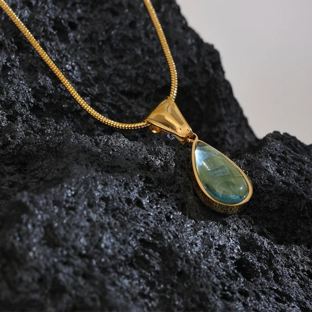 Vintage Green Glass Crystal Water Drop Pendant Necklace-Mialla Jewelry
