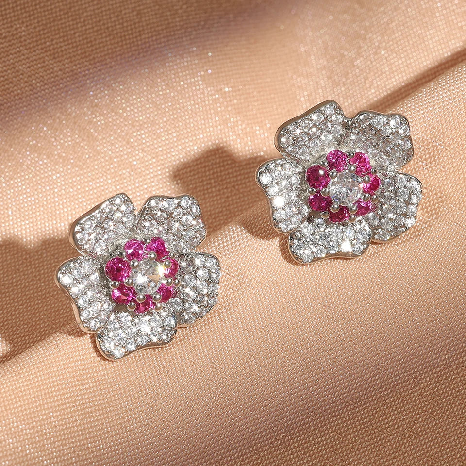 Vintage Silver Pink Flower Earrings-Mialla Jewelry