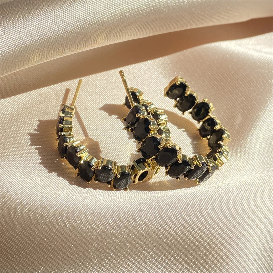 Vintage Gold Black Crystal Hoop Earrings-Mialla Jewelry