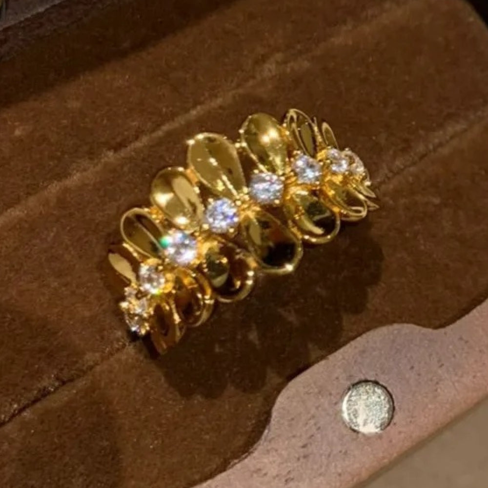 Vintage Gold & Diamond Floral Studded Shiny Leaf Adjustable Ring-Mialla Jewelry