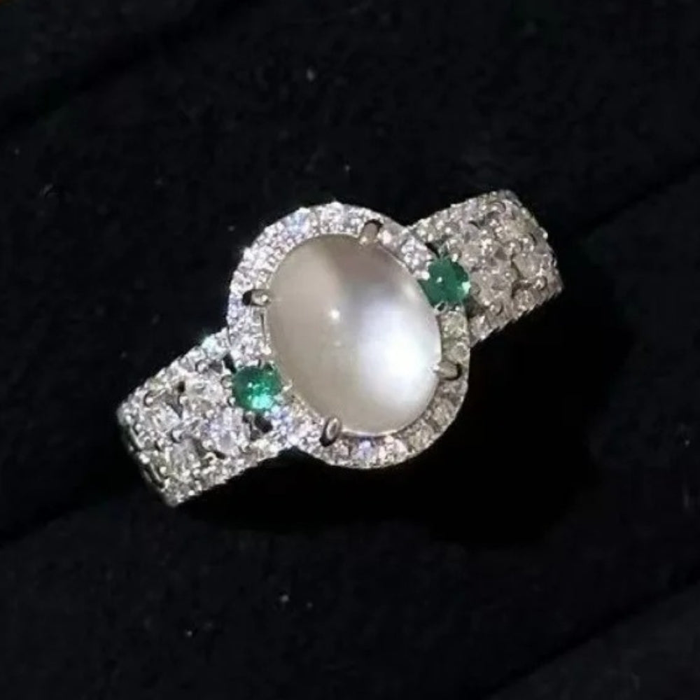Retro Silver White & Green Gemstone Moonstone Adjustable Ring-Mialla Jewelry