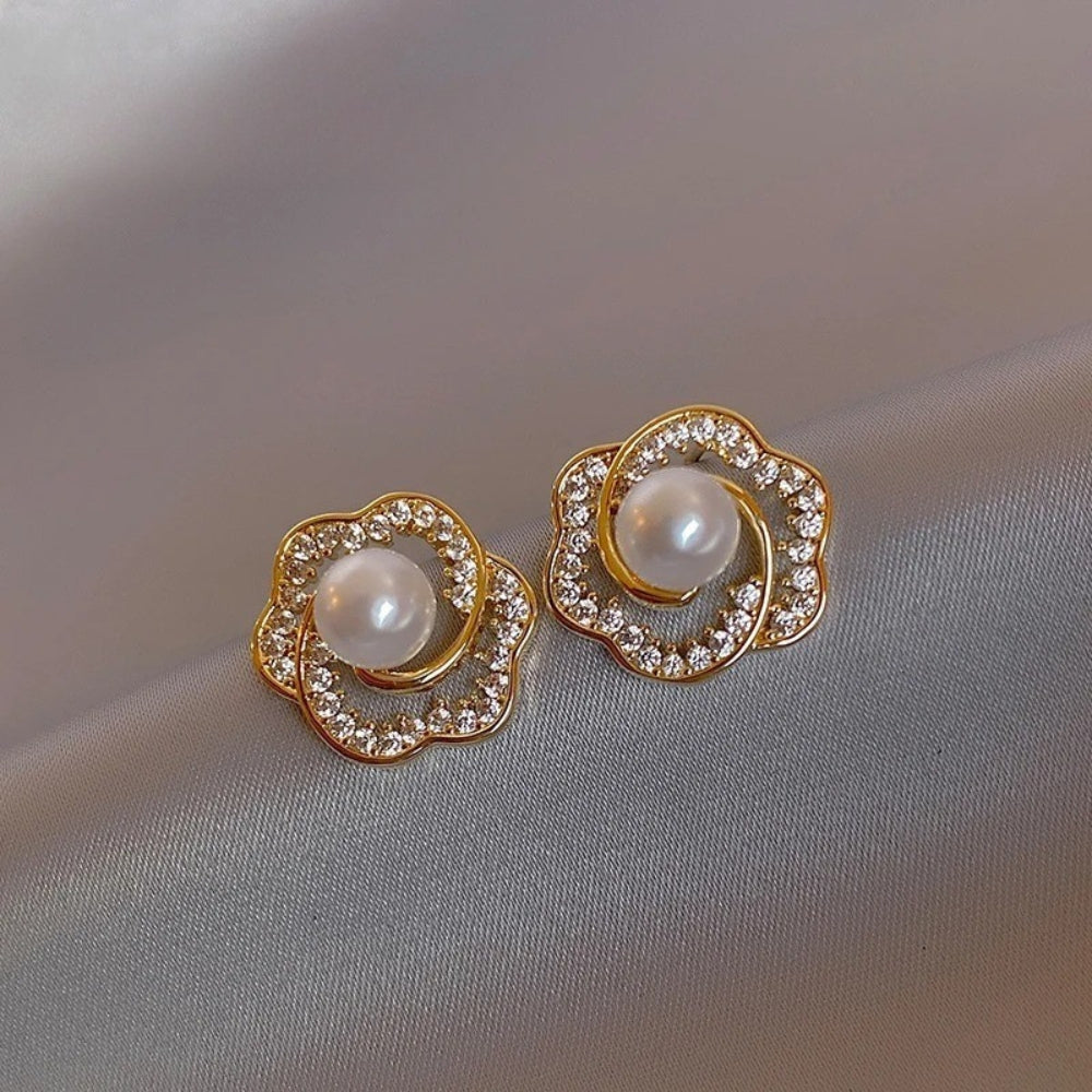 Vintage Gold Flower & Pearl Stud Earrings-Mialla Jewelry