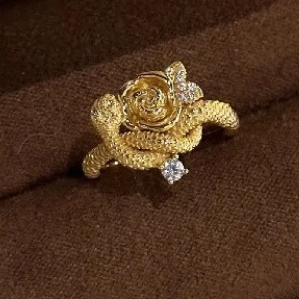 Classic Gold Snake Entwined Rose Flower Adjustable Ring-Mialla Jewelry