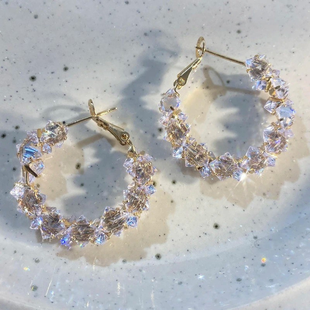 Vintage Gold Sparkling Crystal Hoop Earrings-Mialla Jewelry