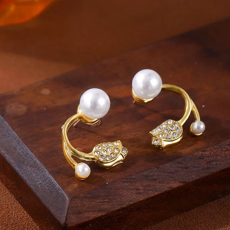 Vintage Gold Tulip Pearl Earrings-Mialla Jewelry