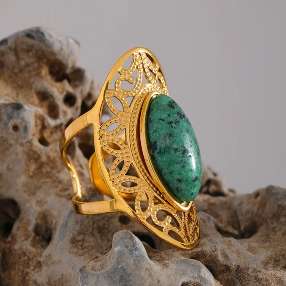 Gold Ornate Green Stone Open Ring-Mialla Jewelry