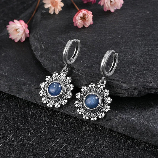 Vintage Floral Blue Drop Earrings-Mialla Jewelry