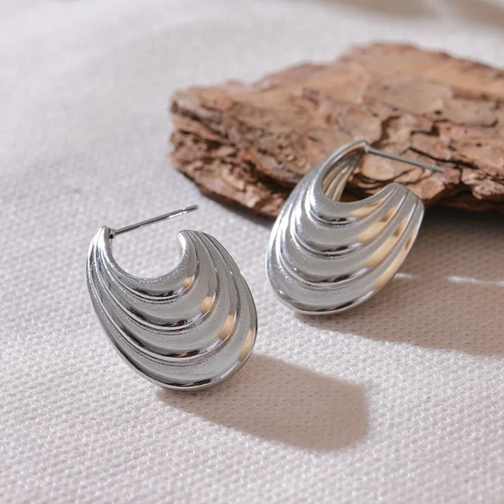 Silver Geometric Stripe Statement Earrings-Mialla Jewelry