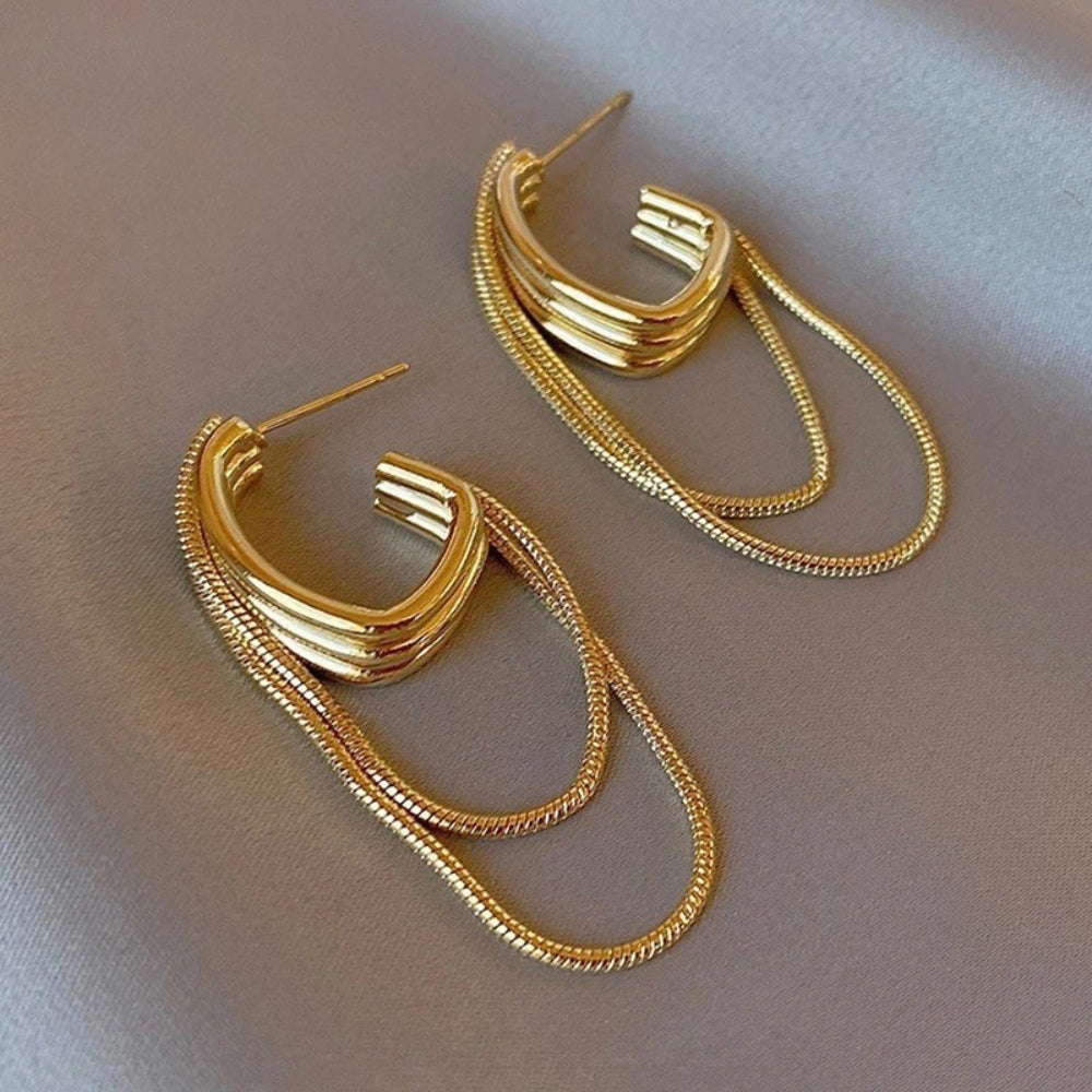 Vintage Gold Layered Drop Hoop Earrings-Mialla Jewelry