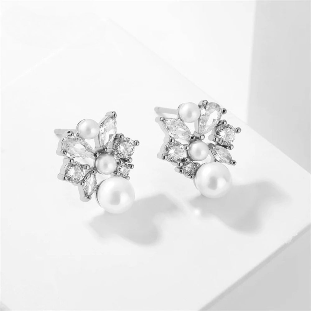 Silver Floral Pearl Stud Earrings-Mialla Jewelry