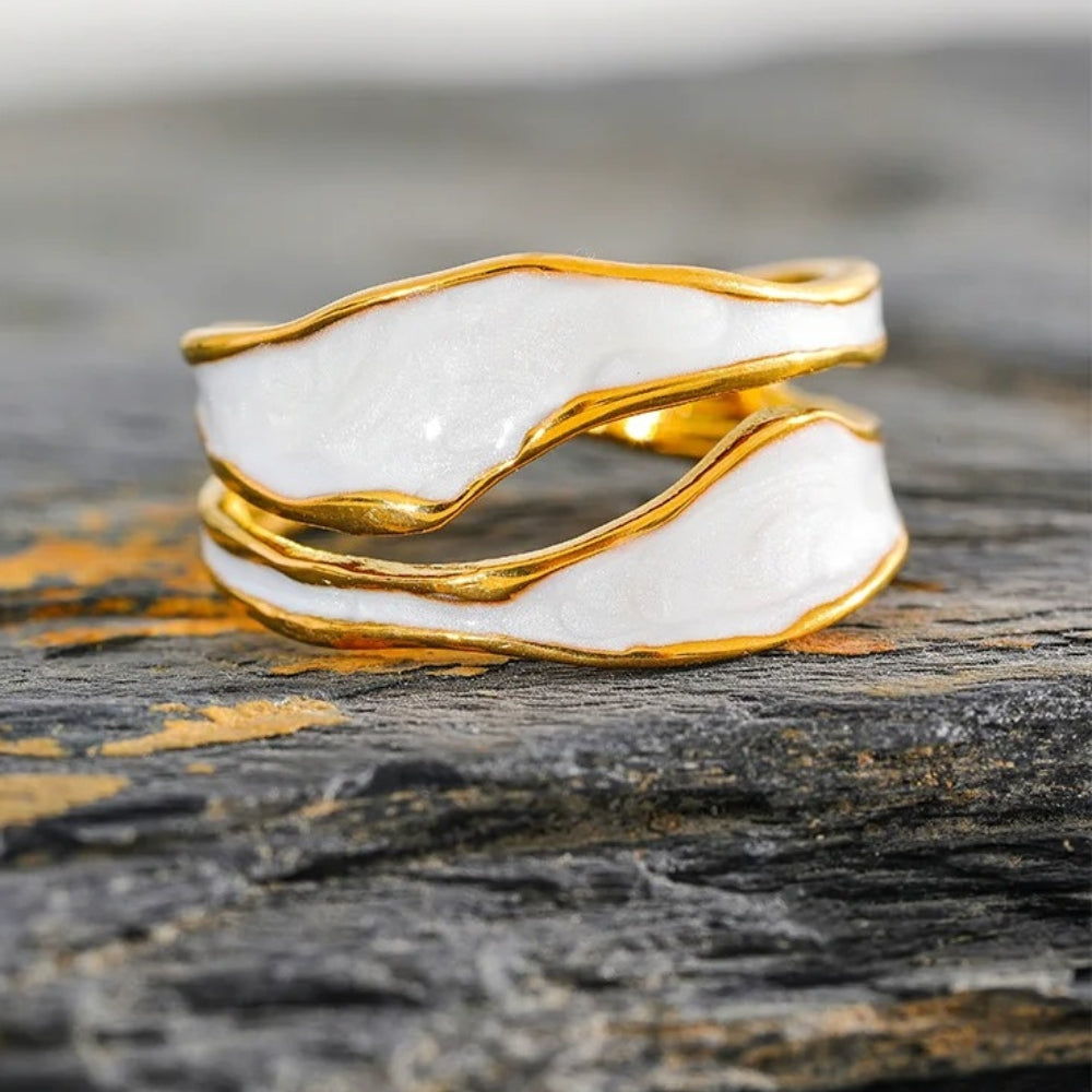 Gold White Enamel Swirl Pattern Open Ring-Mialla Jewelry