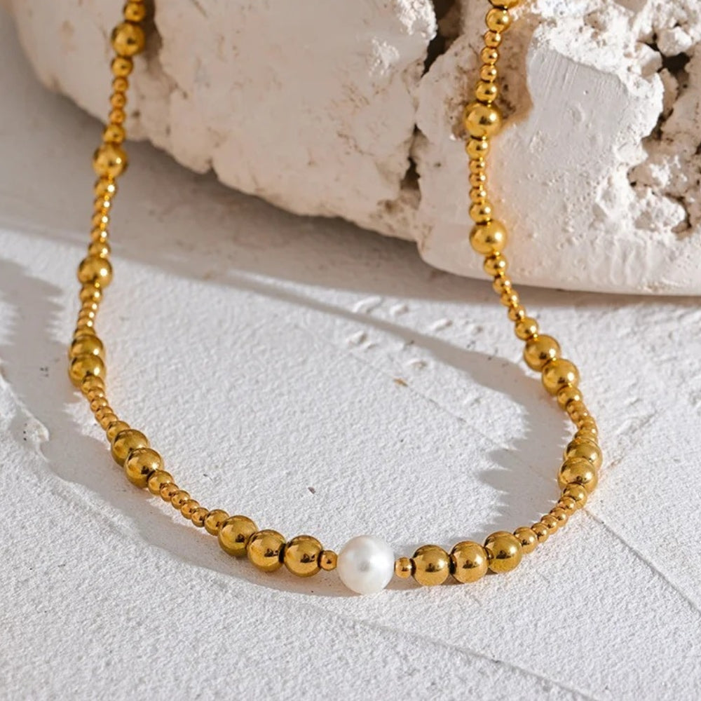 Gold Beaded Pearl Accent Necklace-Mialla Jewelry