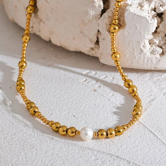 Gold Beaded Pearl Accent Necklace-Mialla Jewelry