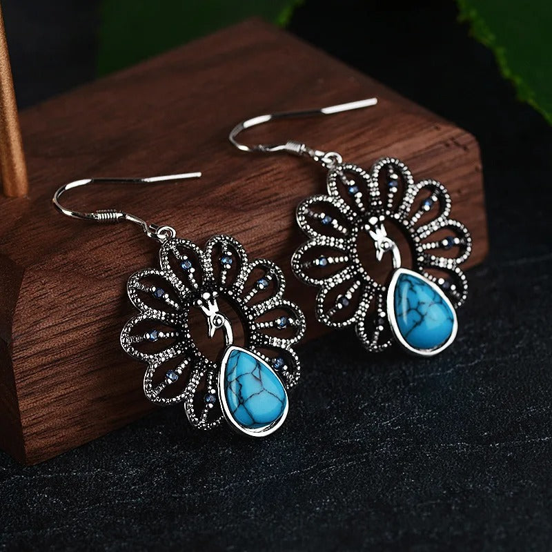 Vintage Silver Peacock Turquoise Earrings-Mialla Jewelry