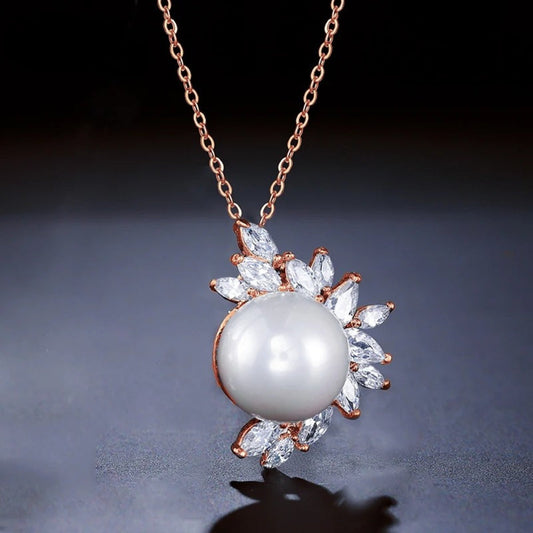 Rose Gold Pearl & Crystal Leaf Necklace-Mialla Jewelry