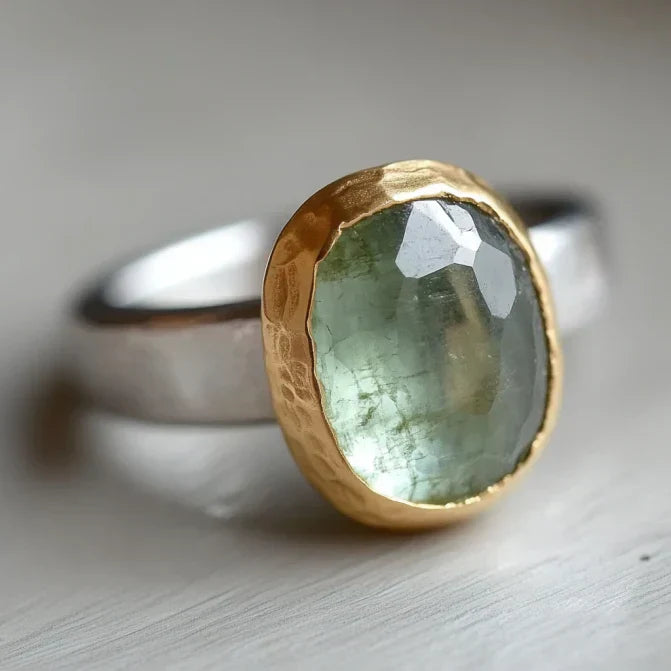 Vintage Green Stone Gold & Silver Forged Ring-Mialla Jewelry